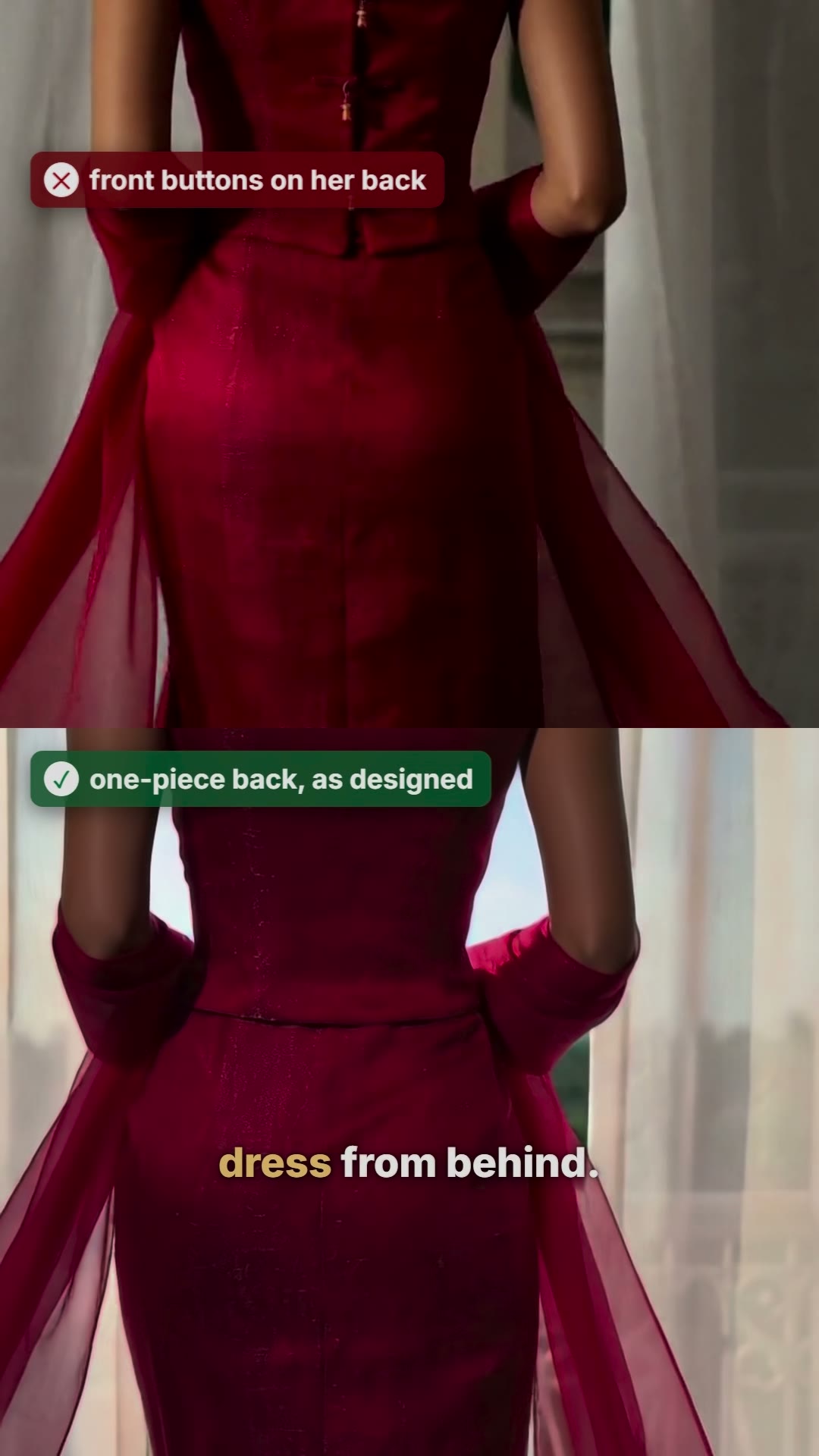 Before and after: front buttons wrongly drawn on the back of a red dress, then the correct one-piece back
