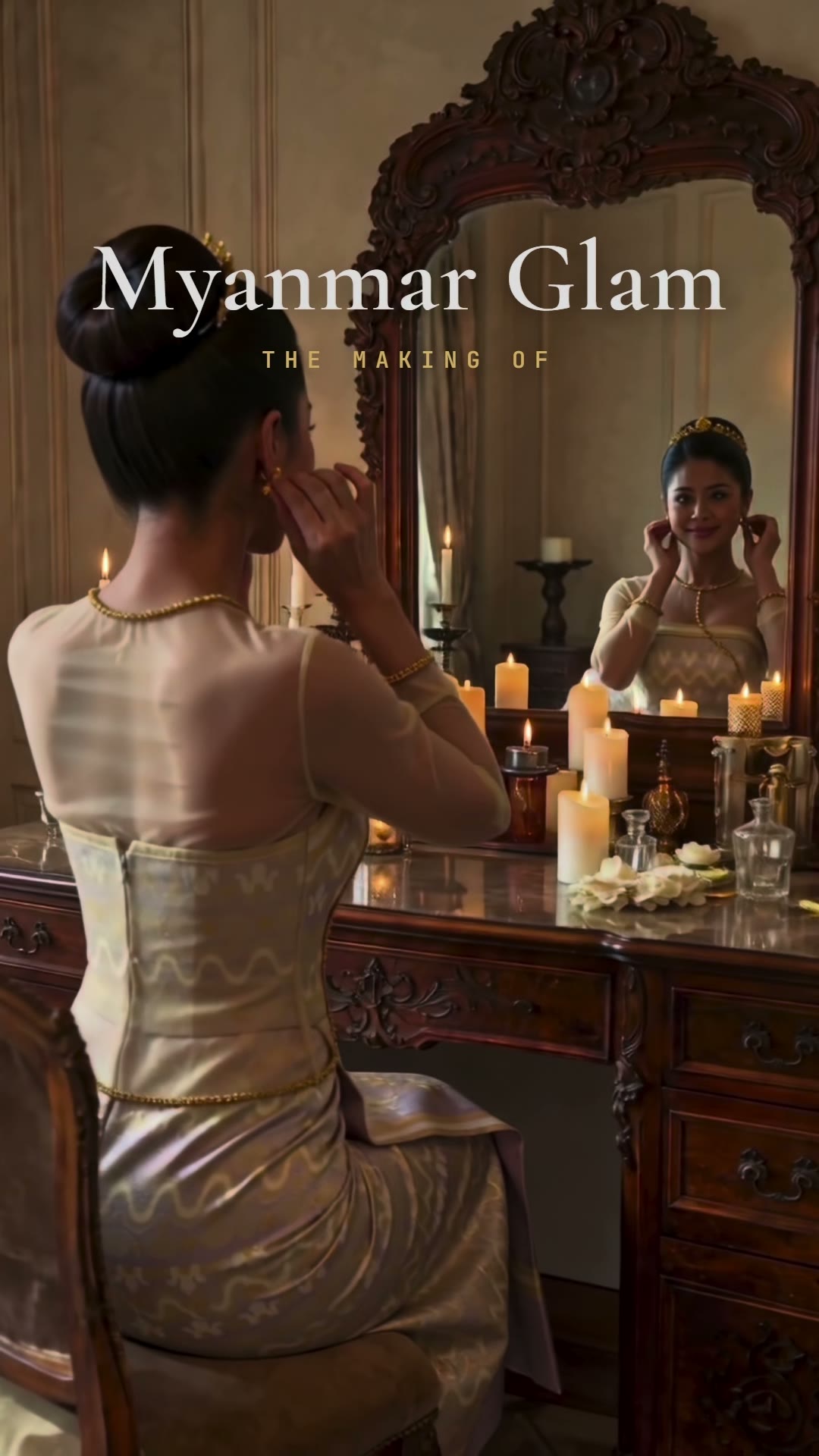 The model in a gold beaded outfit at a candlelit vanity