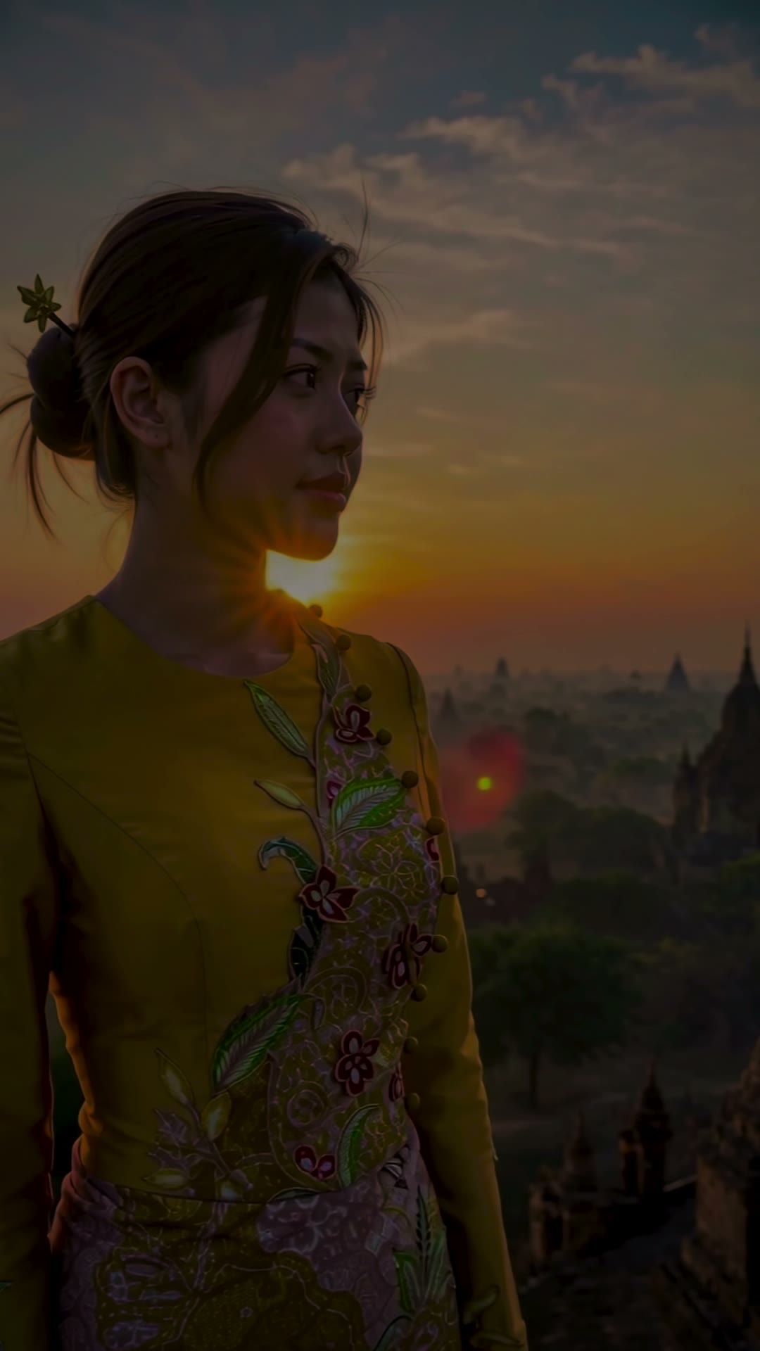 The model in a mustard silk jacket and patterned htamein watches the sun rise over the Bagan temples
