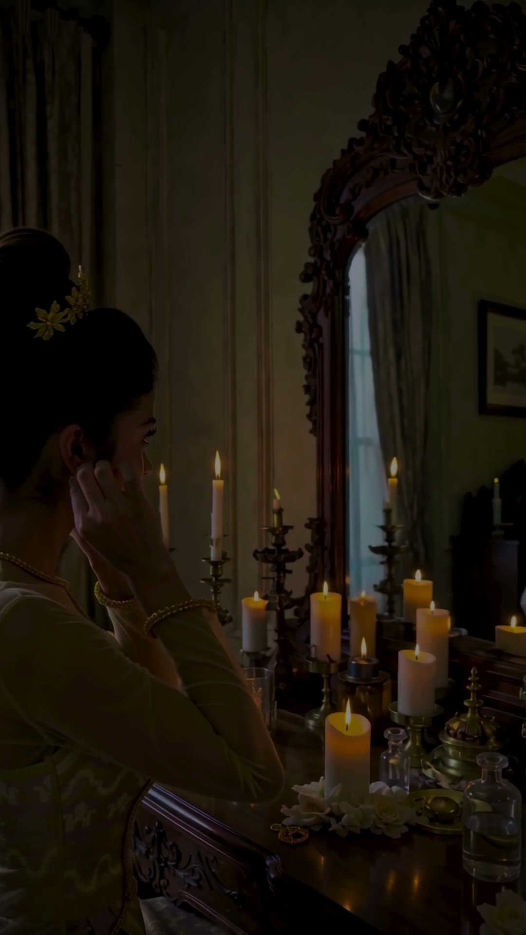 Gold beaded outfit at a candlelit vanity, her hair in a jewelled bun