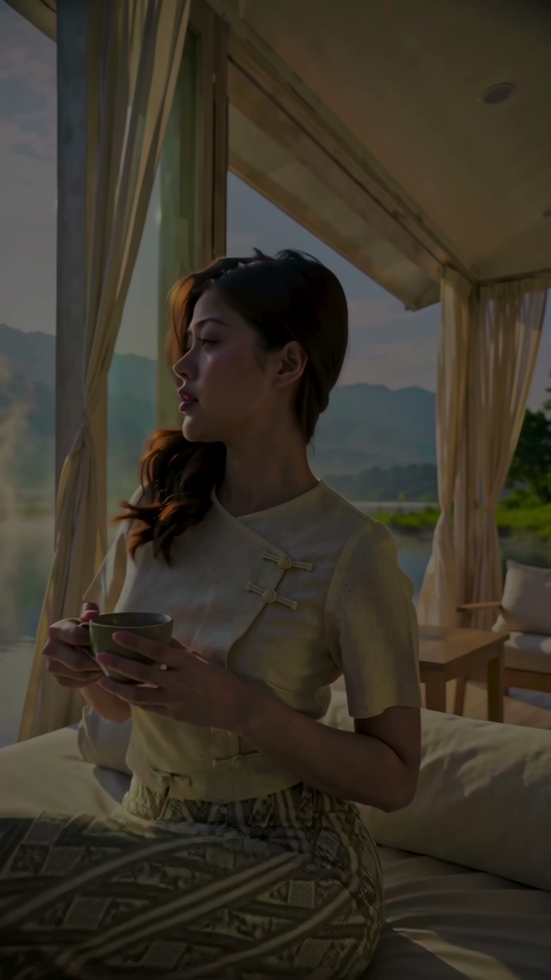 The model in an ivory raw-silk blouse in a lakeside pavilion at Inle Lake