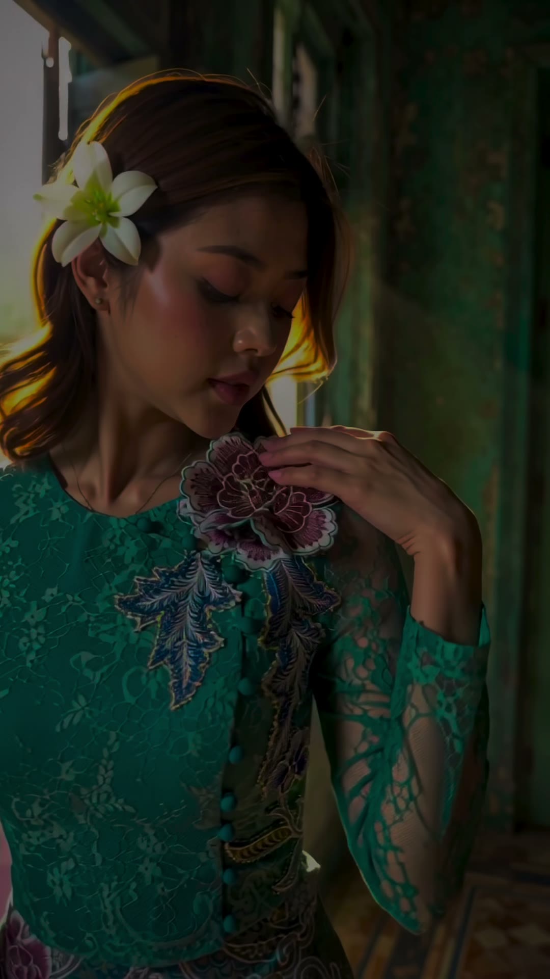 Teal lace blouse with an embroidered rose, a white flower in her hair, by an old wooden window